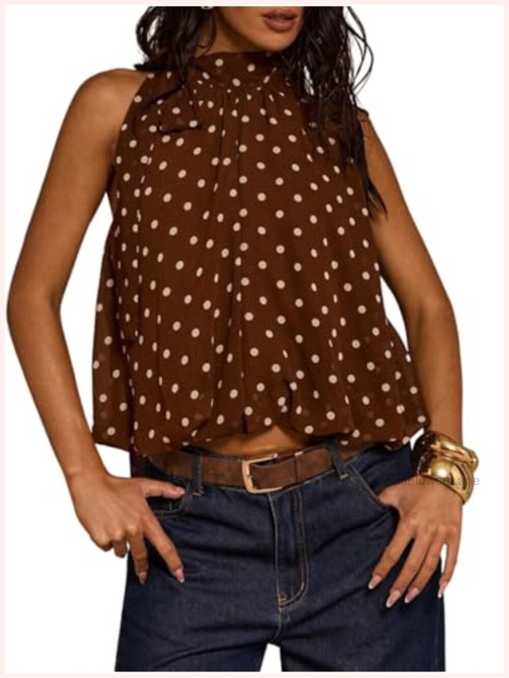 Women's Polka Dot Halter Top Bubble Hem Sleeveless Blouse